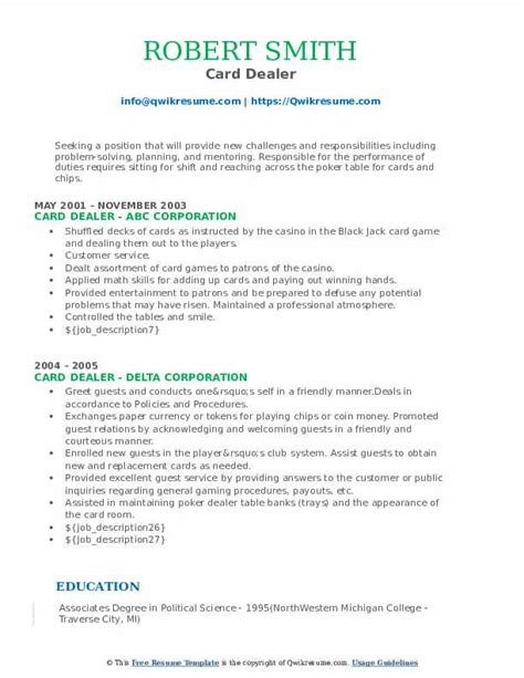 card dealer resume.